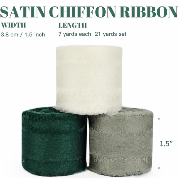 Green Ivory Ribbon for Gift Wrapping, Silk Satin Chiffon Frayed Fabric Ribbons - Picture 2 of 2